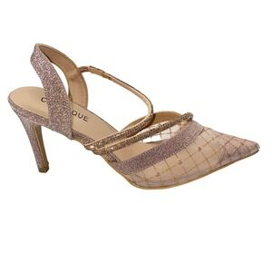 Classique Women's Rose Gold Glitter Mesh Pointed Toe Slingback Heels 7.5W